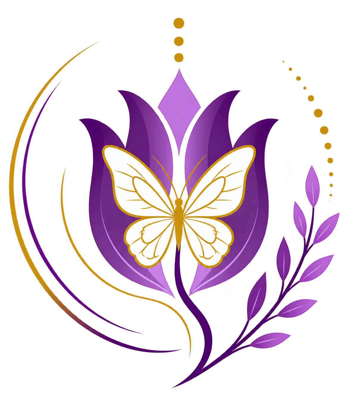 Logo de Wanessa Pires: flor púrpura com borboleta dourada