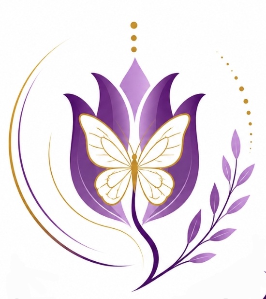 Logo de Wanessa Pires: flor púrpura com borboleta dourada