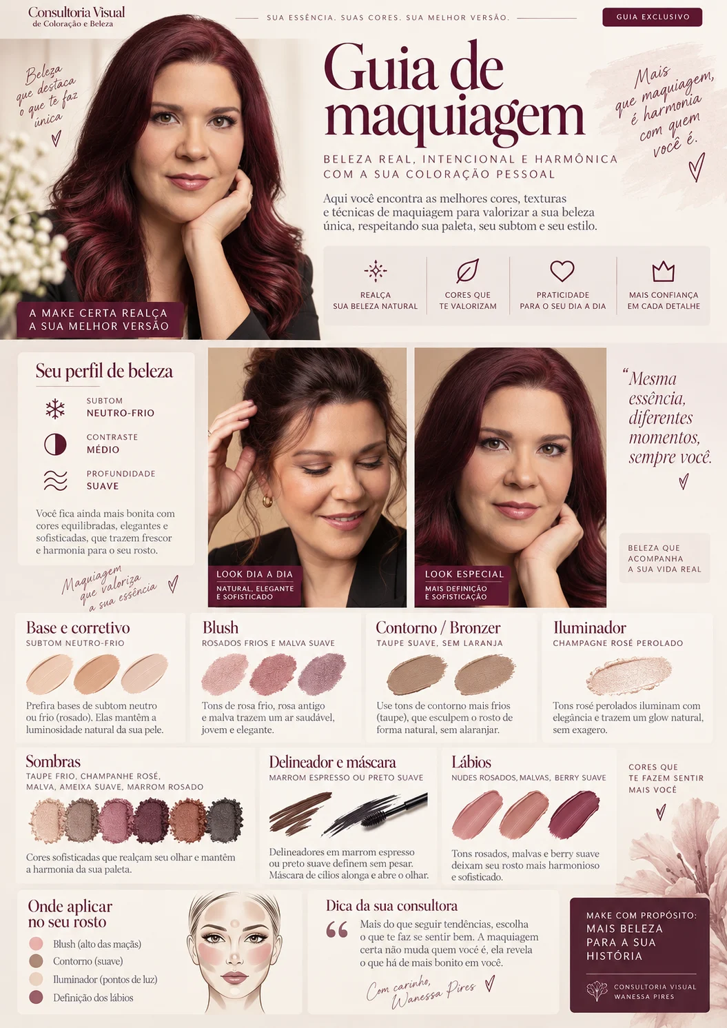 Exemplo do guia de maquiagem com sugestões de blush, sombras e batons